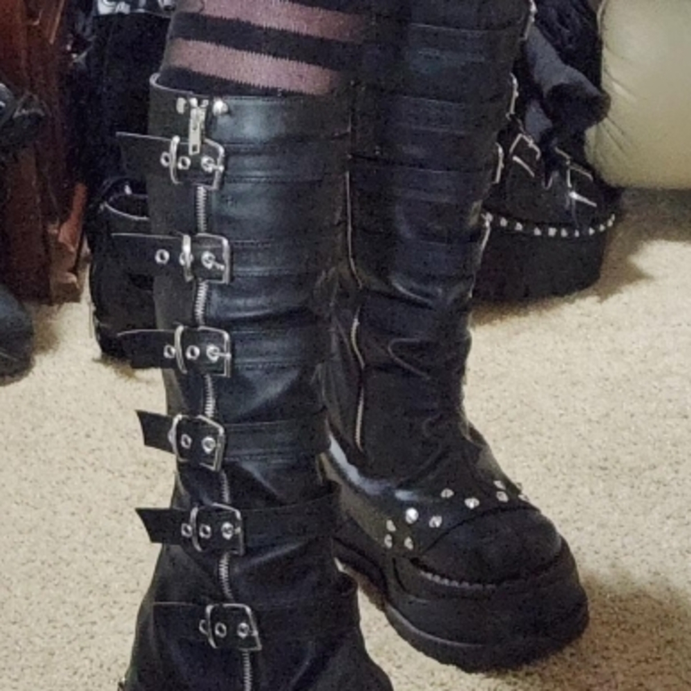 Demonia Stomp-223 Black Buckle Knee-High Boots